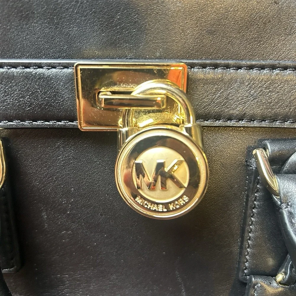 Michael Kors Hamilton Satchel Black Leather Gold Hardware Padlock‎ Handbag